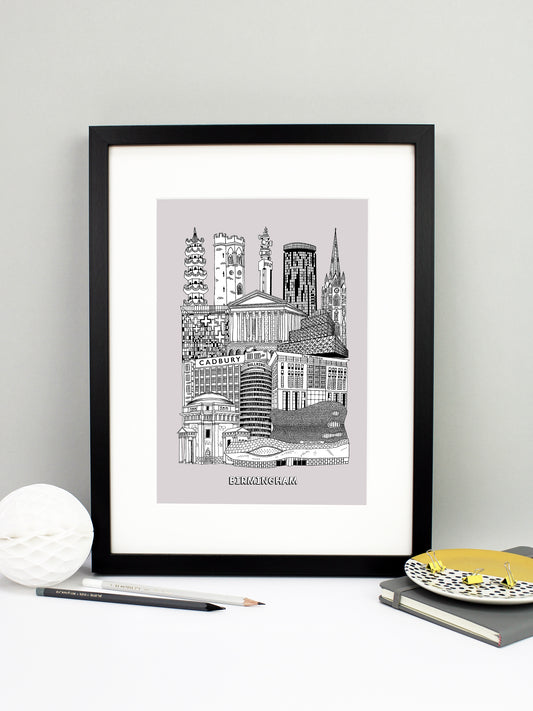 Beautifully detailed Birmingham illustration print. The perfect gift for an engagement, wedding, birthday, anniversary and house warming. It features all the well known buildings and landmarks from the vibrant UK city. The buildings and landmarks featured are: Birmingham New Street Station, Hall of Memory, Selfridges, Rotunda, The Mailbox, Cadbury Factory, Library of Birmingham, Birmingham Town Hall, The Cube, Perrott's Folley, Chinese Pagoda at Holloway Circus, 10 Holloway Circus, BT Tower and St Martin's.