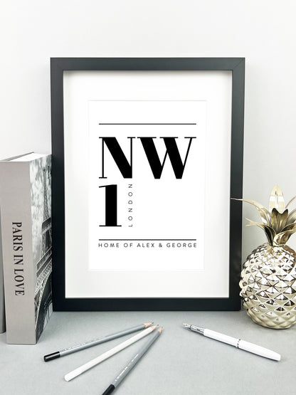 Personalised Postcode Print Black & White