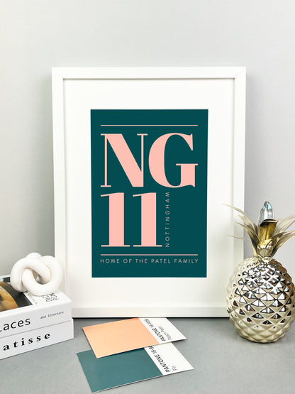 Personalised Postcode Print Dark Green & Pink