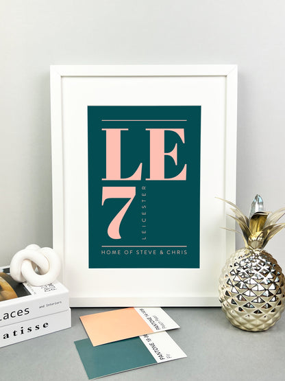 Personalised Postcode Print Dark Green & Pink