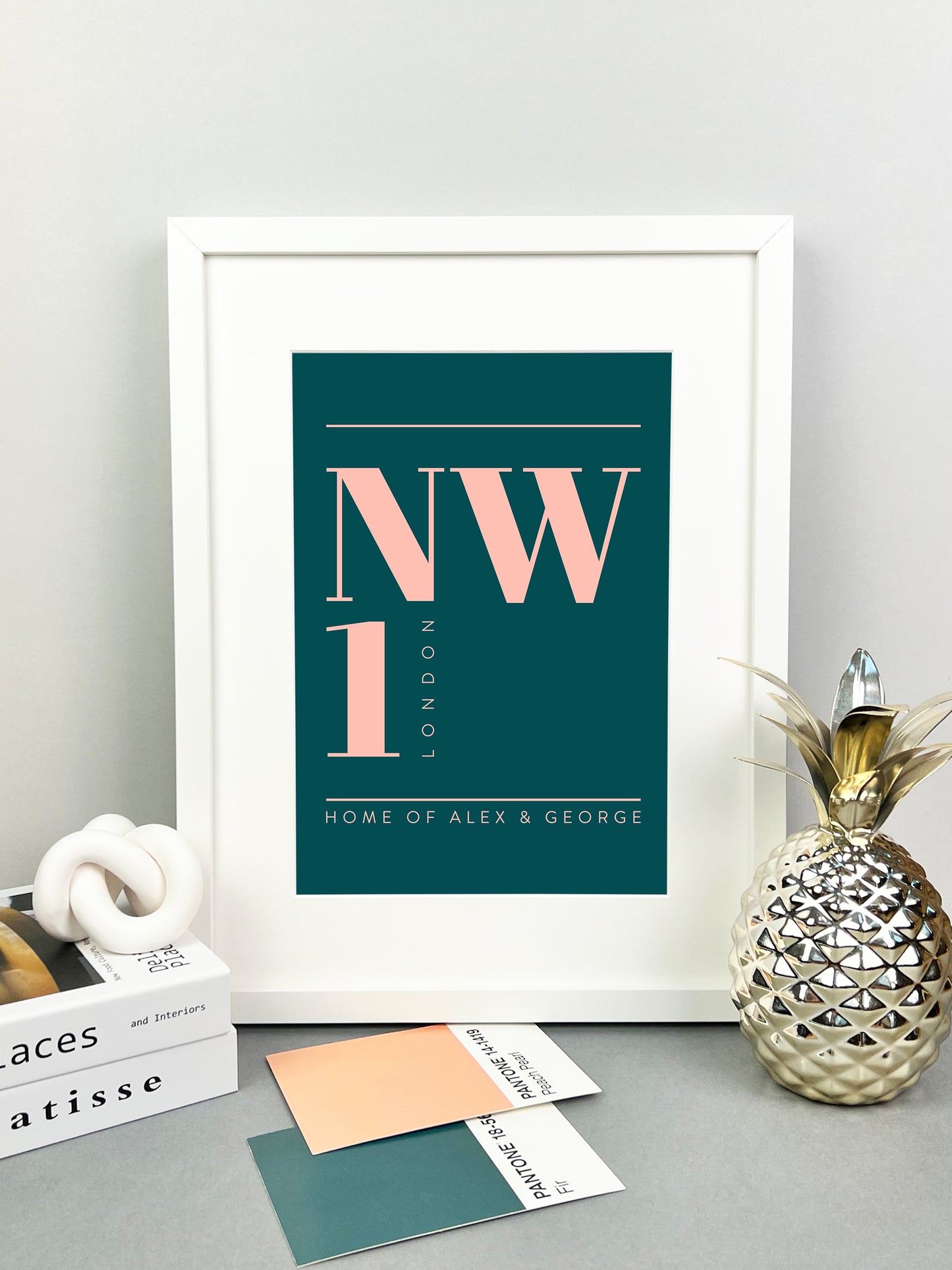 Personalised Postcode Print Dark Green & Pink