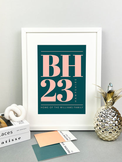 Personalised Postcode Print Dark Green & Pink