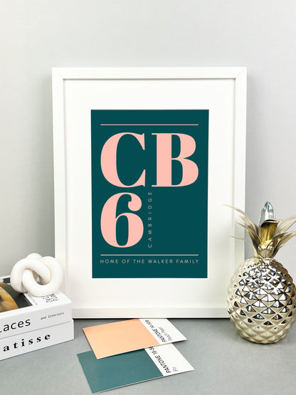 Personalised Postcode Print Dark Green & Pink