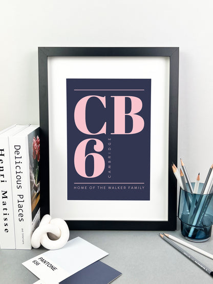 Personalised Postcode Print Navy and Pink