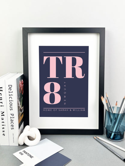 Personalised Postcode Print Navy and Pink