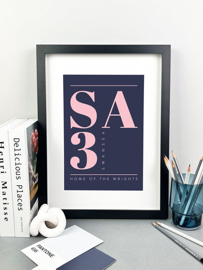 Personalised Postcode Print Navy and Pink