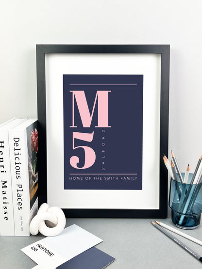 Personalised Postcode Print Navy and Pink