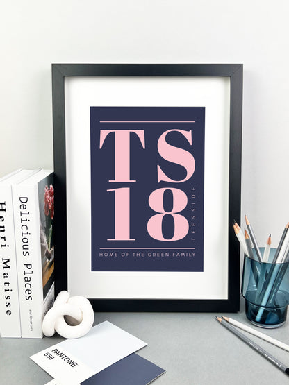 Personalised Postcode Print Navy and Pink