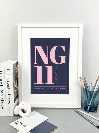 Personalised Postcode Print Navy and Pink