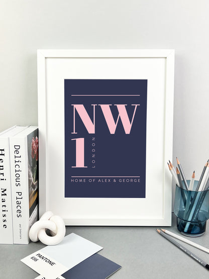 Personalised Postcode Print Navy and Pink