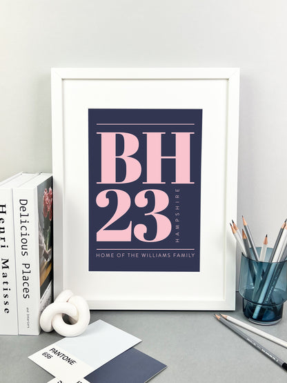 Personalised Postcode Print Navy and Pink