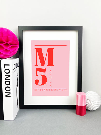 Personalised Postcode Print Pink and Red