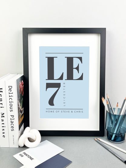 Personalised Postcode Print Sky Blue and Grey