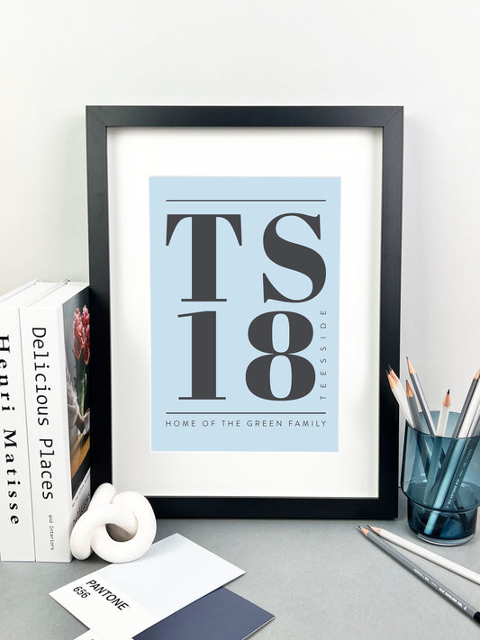 Personalised Postcode Print Sky Blue and Grey