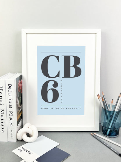 Personalised Postcode Print Sky Blue and Grey