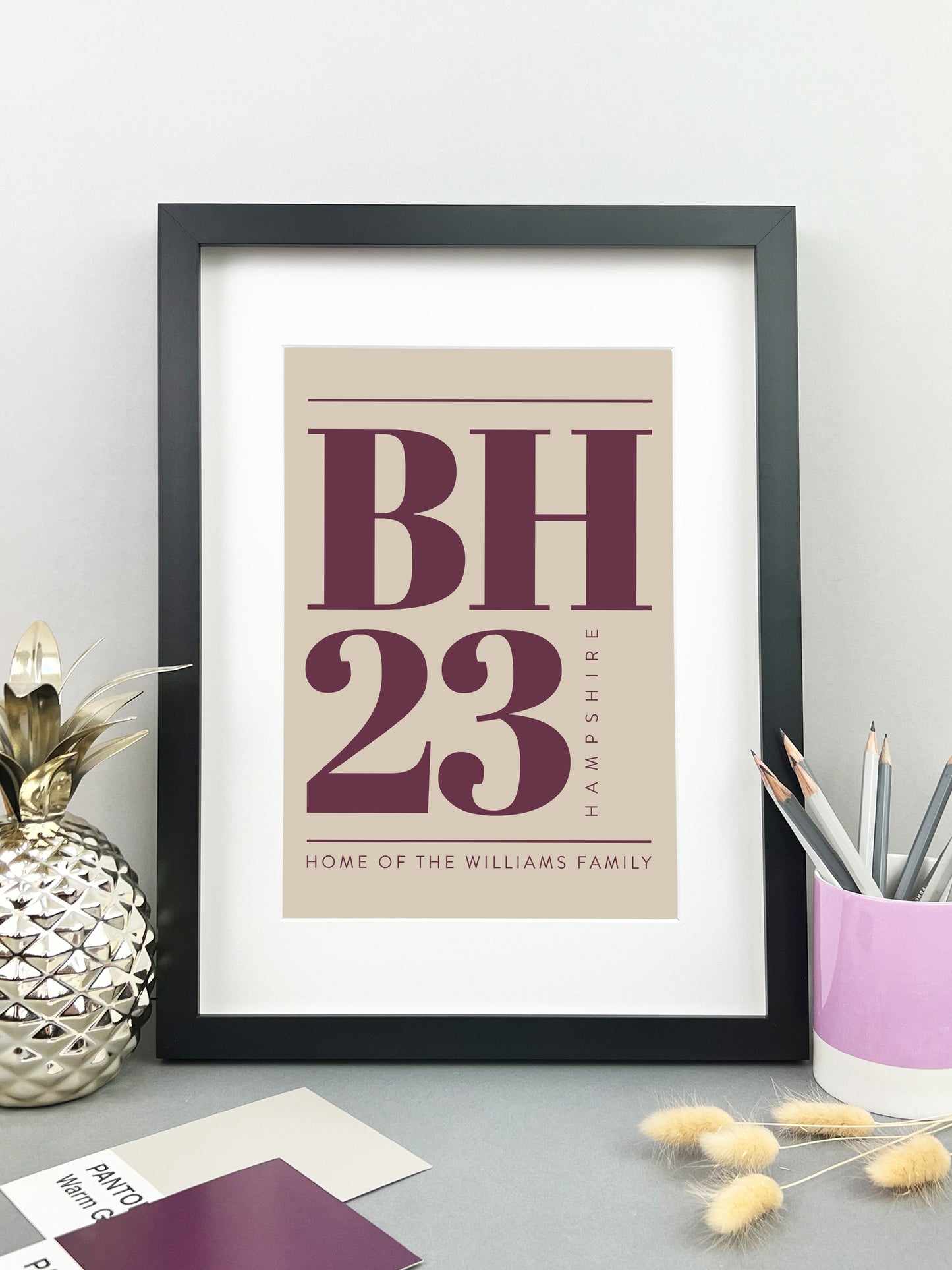 Personalised Postcode Print Stone & Burgundy