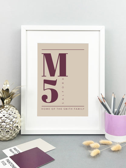 Personalised Postcode Print Stone & Burgundy