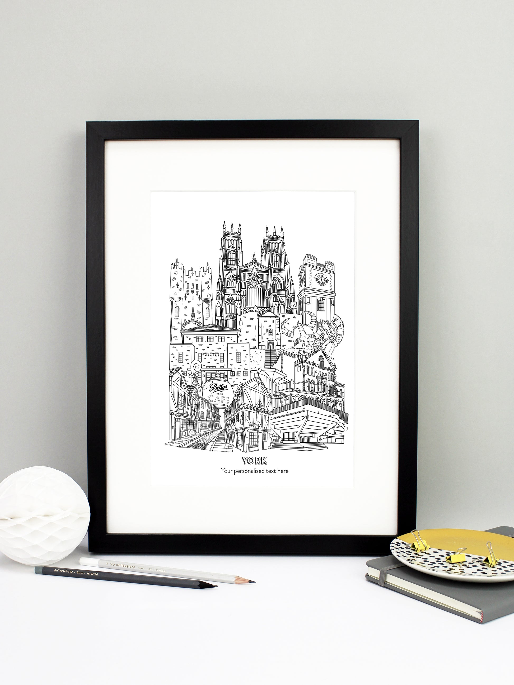  Beautifully detailed York Illustration print. The perfect gift for an engagement, wedding, birthday, anniversary and house warming. It features all the well known buildings and landmarks from the historical UK city. The buildings featured are: Bettys Tea Shop, Central Hall University, Joseph Rowntree Theatre, Micklegate Bar, Terrys Clock Tower, The Sambles, Clifford's Tower, York Theatre Royal and York Minster.