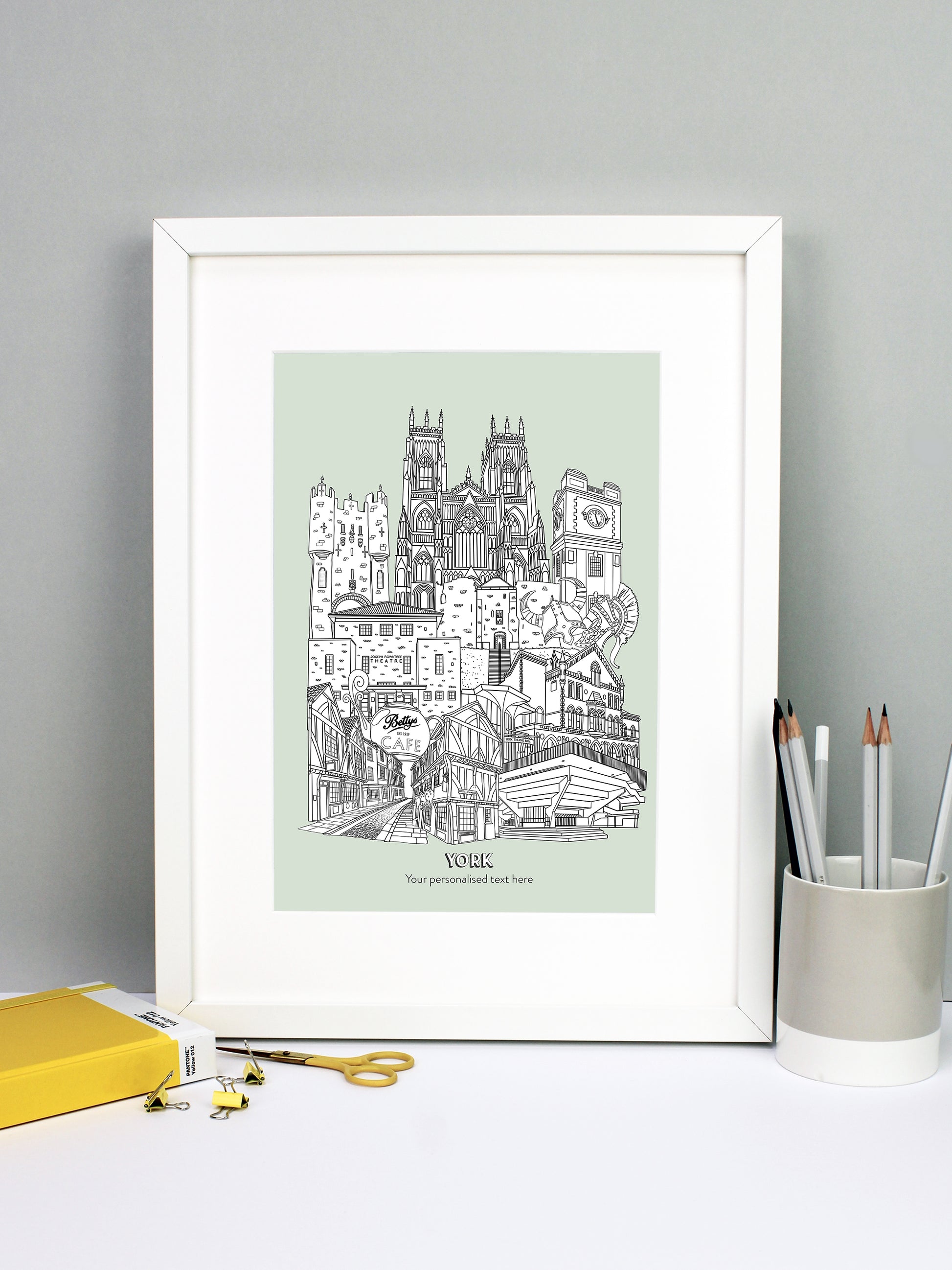 Beautifully detailed York Illustration print. The perfect gift for an engagement, wedding, birthday, anniversary and house warming. It features all the well known buildings and landmarks from the historical UK city. The buildings featured are: Bettys Tea Shop, Central Hall University, Joseph Rowntree Theatre, Micklegate Bar, Terrys Clock Tower, The Sambles, Clifford's Tower, York Theatre Royal and York Minster.