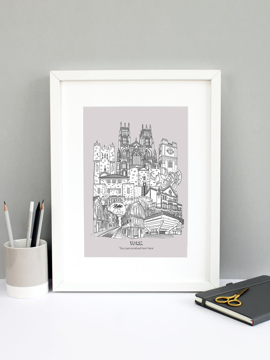 Beautifully detailed York Illustration print. The perfect gift for an engagement, wedding, birthday, anniversary and house warming. It features all the well known buildings and landmarks from the historical UK city. The buildings featured are: Bettys Tea Shop, Central Hall University, Joseph Rowntree Theatre, Micklegate Bar, Terrys Clock Tower, The Sambles, Clifford's Tower, York Theatre Royal and York Minster.