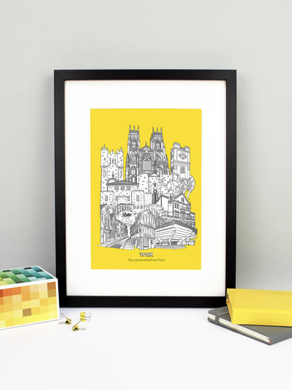 Beautifully detailed York Illustration print. The perfect gift for an engagement, wedding, birthday, anniversary and house warming. It features all the well known buildings and landmarks from the historical UK city. The buildings featured are: Bettys Tea Shop, Central Hall University, Joseph Rowntree Theatre, Micklegate Bar, Terrys Clock Tower, The Sambles, Clifford's Tower, York Theatre Royal and York Minster.