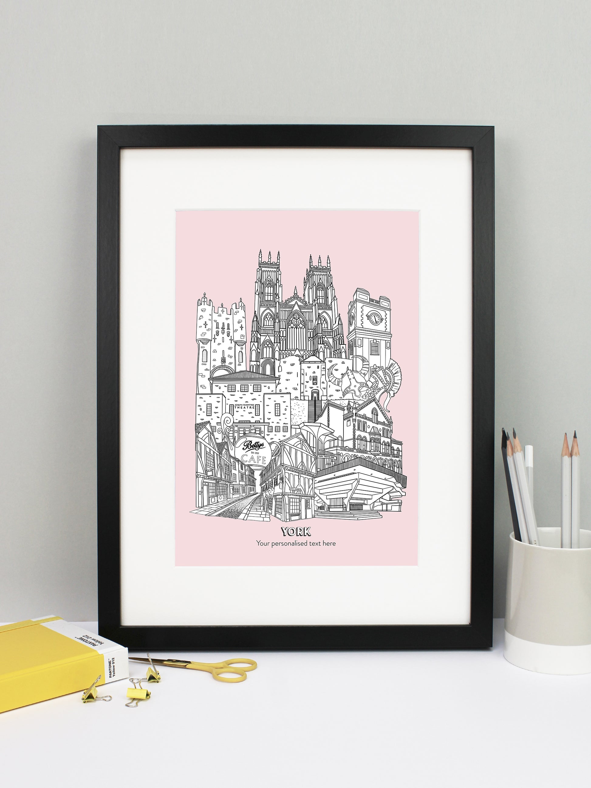 Beautifully detailed York Illustration print. The perfect gift for an engagement, wedding, birthday, anniversary and house warming. It features all the well known buildings and landmarks from the historical UK city. The buildings featured are: Bettys Tea Shop, Central Hall University, Joseph Rowntree Theatre, Micklegate Bar, Terrys Clock Tower, The Sambles, Clifford's Tower, York Theatre Royal and York Minster.