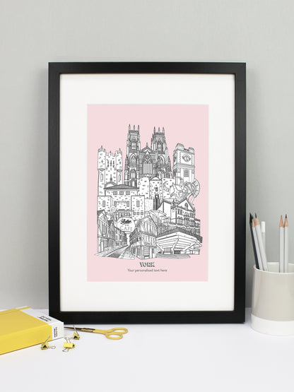 Beautifully detailed York Illustration print. The perfect gift for an engagement, wedding, birthday, anniversary and house warming. It features all the well known buildings and landmarks from the historical UK city. The buildings featured are: Bettys Tea Shop, Central Hall University, Joseph Rowntree Theatre, Micklegate Bar, Terrys Clock Tower, The Sambles, Clifford's Tower, York Theatre Royal and York Minster.